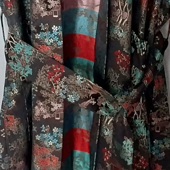 Longevity Hangzhou China Vintage Brocade Asian Print Long Kimono Style Robe - Picture 5 of 10